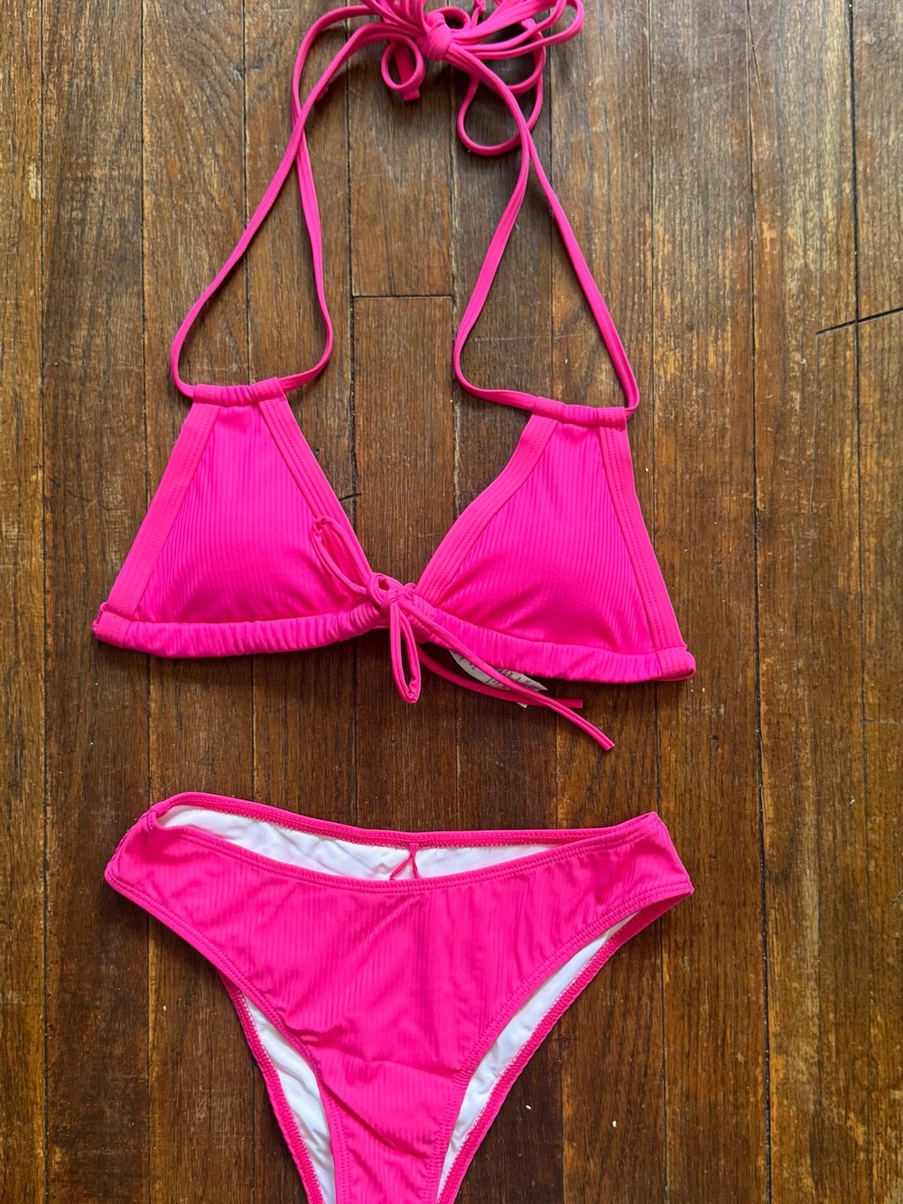 Fashion Nova Hot Pink Ribbed Triangle Bikini Set